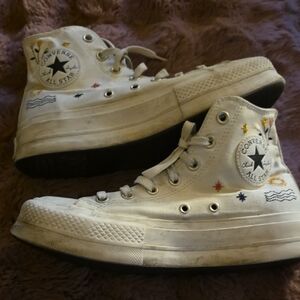 Converse White High-Tops with Colorful Embroidery Size 8.5